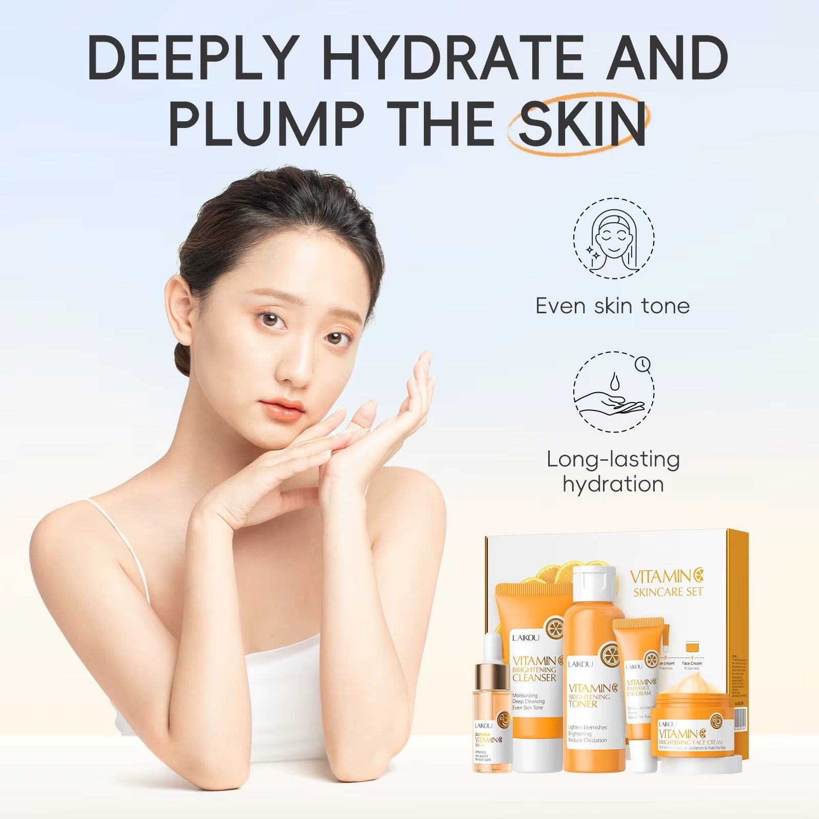 Vitamin C Brightening Skincare Set 5pcs — Hydrating Serum, Eye Cream & Face Cream with Hyaluronic Acid to Reduce Fine Lines & Even Skin Tone