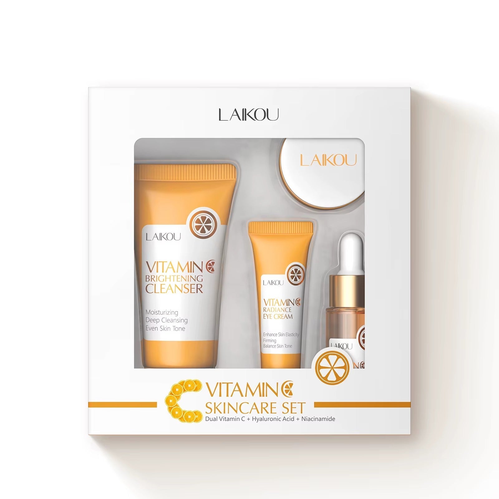 Compact-sized 4-Step Vitamin C Brightening Skincare Set — Cleanser + Serum + Eye Cream + Face Cream — Firming/Lifting Glow Bundle — Hyaluronic Acid Revitalizing Kit