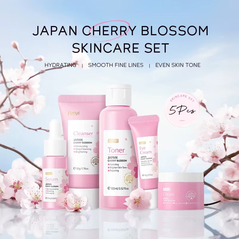 Japan Cherry Blossom 5-Piece Skincare Set — Brightening, Anti-Aging & Deep Hydrating Face Care Kit with Hyaluronic Acid & Prunus Flower Extract for All Skin Types