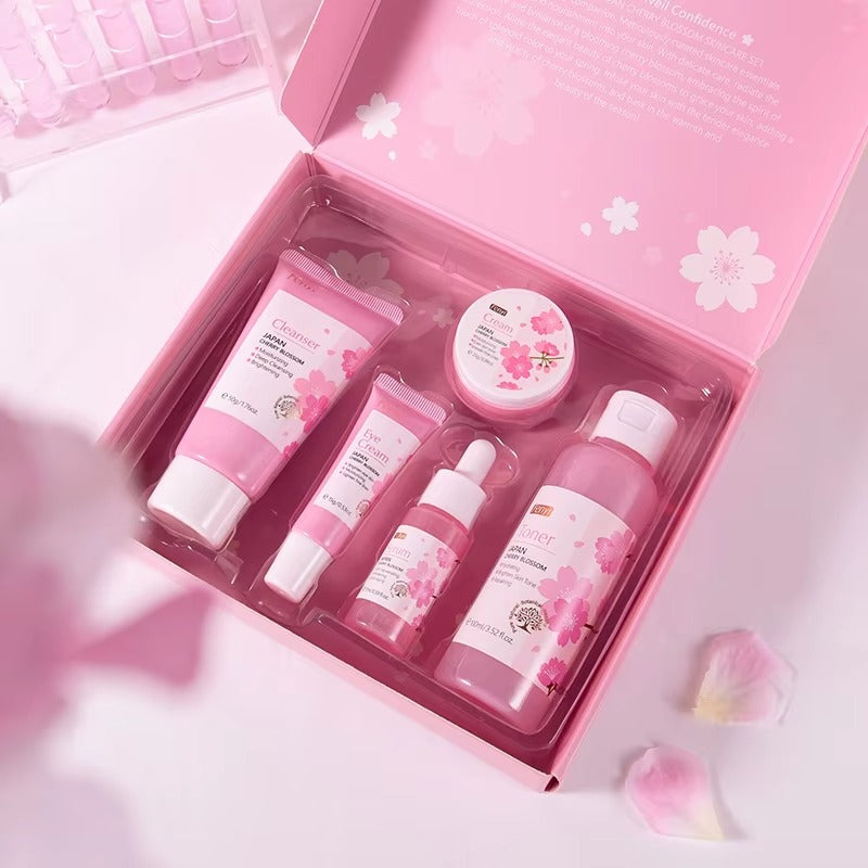 Japan Cherry Blossom 5-Piece Skincare Set — Brightening, Anti-Aging & Deep Hydrating Face Care Kit with Hyaluronic Acid & Prunus Flower Extract for All Skin Types