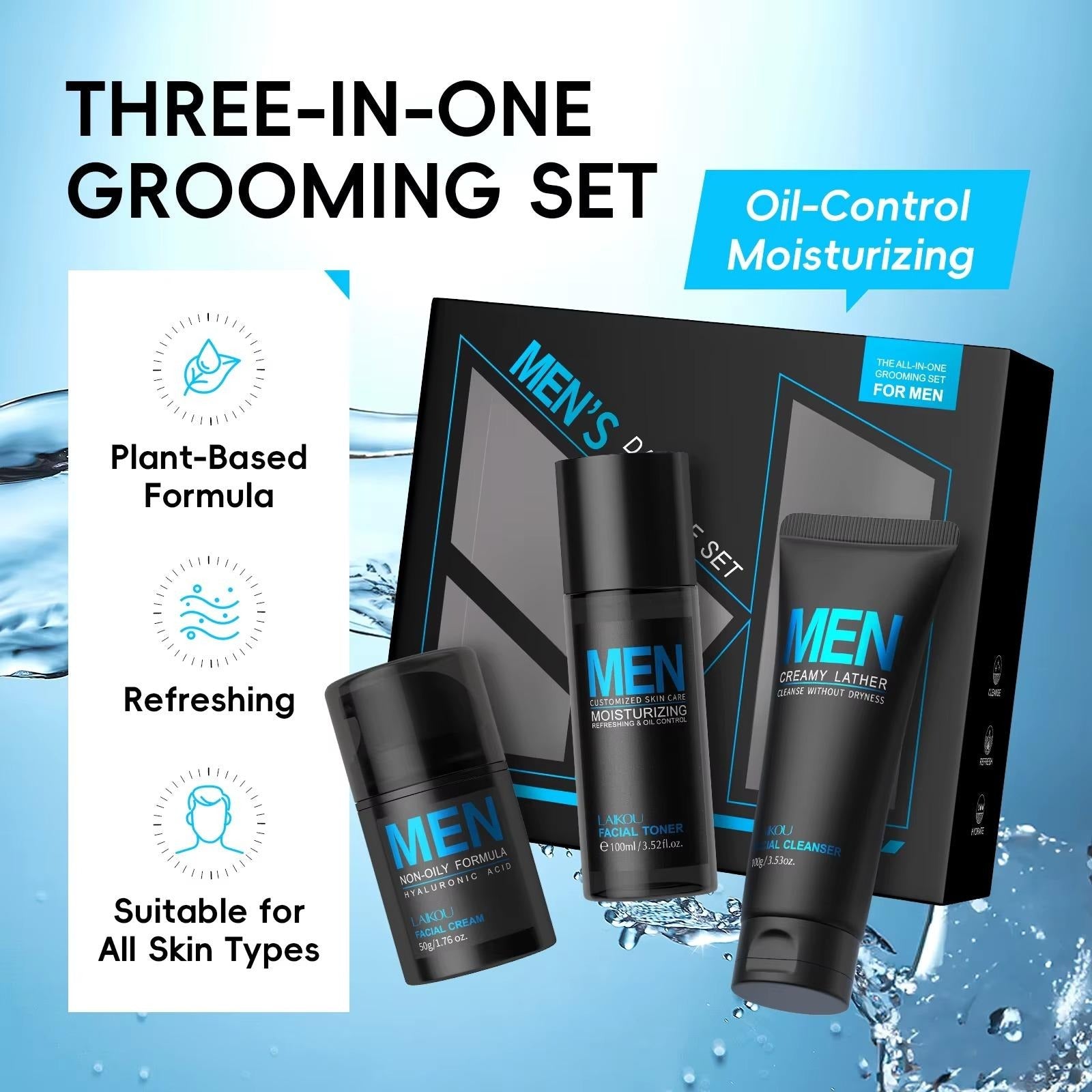 3-in-1 Men's Daily Skincare Set — Oil Control, Hyaluronic Acid Hydration & Skin Barrier Repair for All Skin Types