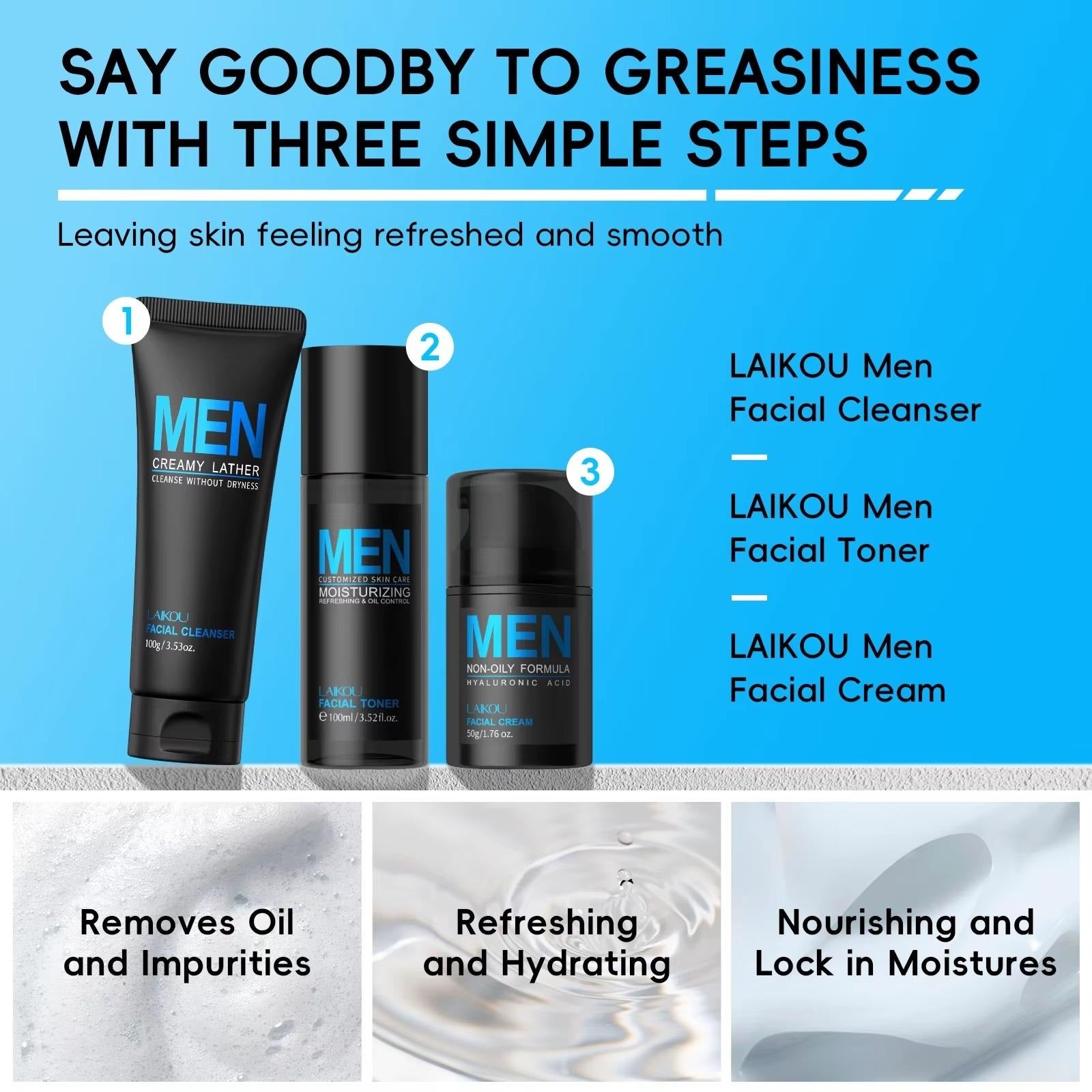 3-in-1 Men's Daily Skincare Set — Oil Control, Hyaluronic Acid Hydration & Skin Barrier Repair for All Skin Types