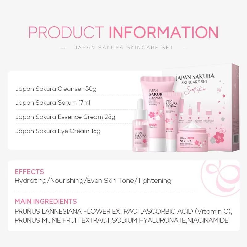 Compact-sized Japan Sakura 4-Piece Skincare Set — Complete Routine for Brightening, Hydration & Anti-Aging