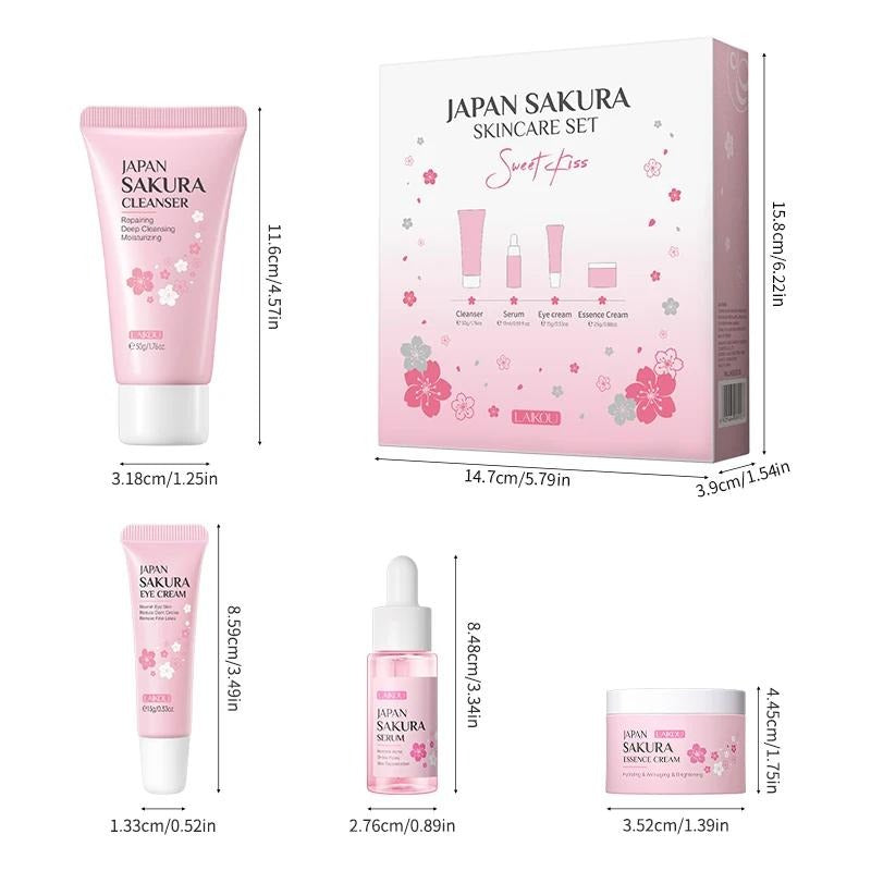 Compact-sized Japan Sakura 4-Piece Skincare Set — Complete Routine for Brightening, Hydration & Anti-Aging